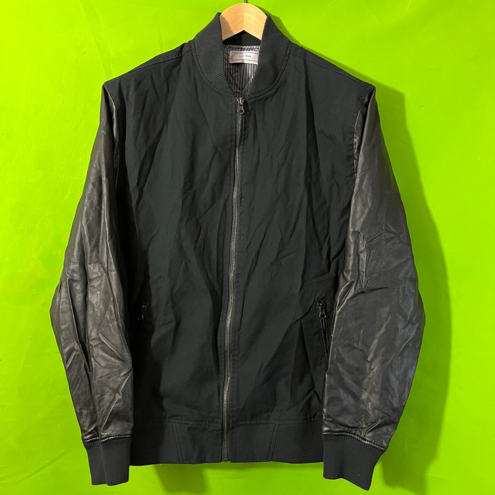 Large Five Four Black Bomber Jacket Sleeves Full Zip Up Lined‎ Striped